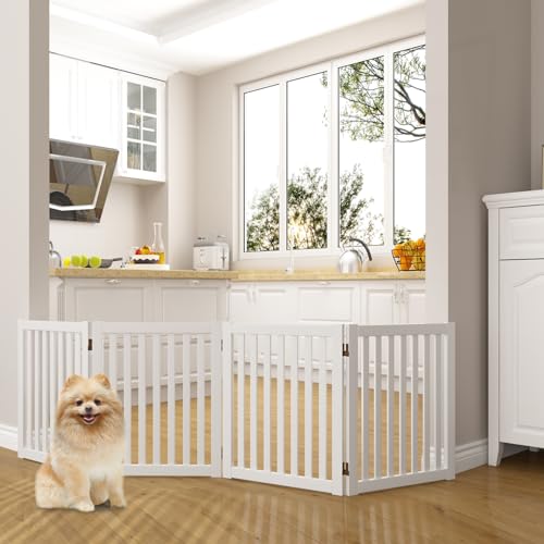 WELLAND Wooden Freestanding Dog Gate, Expandable Dog Gate, Indoor Pet Fence - color: White, size: 4 Panel 80" Wide