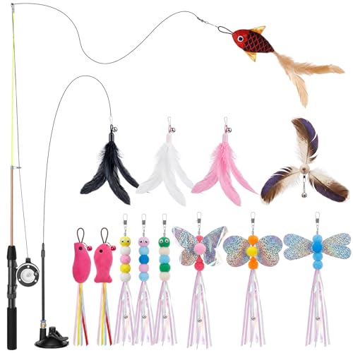 Outus 16 Pcs Cat Fishing Pole Toy with Feather Refills Toy for Indoor Cats
