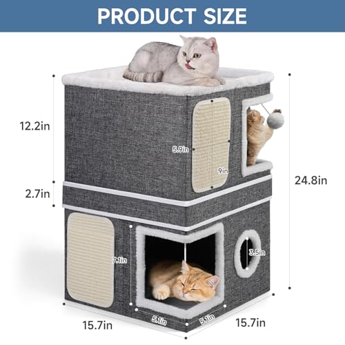 Shikha 2 Story Cat House beds for Indoor Cats with Scratch Pads Grey - color: Grey, size: Double