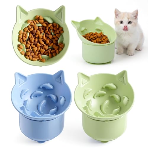 2 Pack Elevated Slow Feeder Cat Bowl for Dry and Wet Food, Silicone Cat Slow Feeder, Tilted Design with Non Slip Base for Digestion Anti Vomit, Adjustable Angle (Green, Blue)