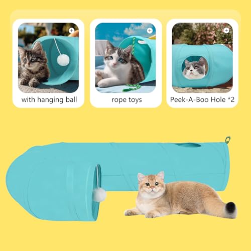 Cat Tunnel, 2-Way Collapsible Cat Tube with Interactive Peek-A-Boo Hole, Toy Ball, and Rope – Ideal for Indoor Cats, Kittens, and Rabbits (Light Blue) - color: light blue
