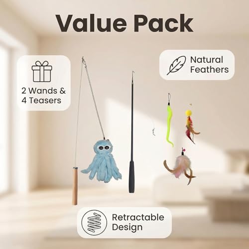 Octopus Cat Wand Toy Blue, Interactive Cat Toy Kit: Fun Wand Toy with Retractable Wand & 3 Feather Refills, Cat Feather Toy for Play Chase Exercise