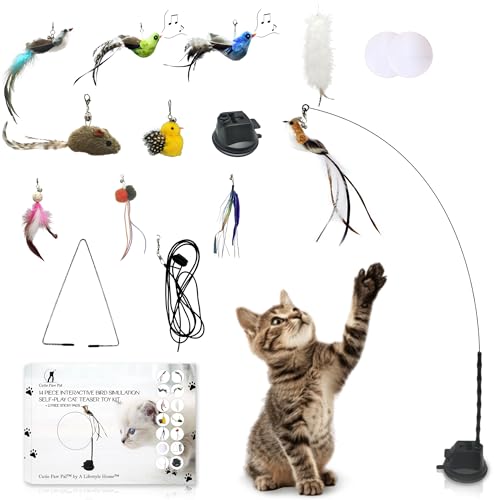 Interactive Bird Simulation Cat Feather Toy Set - Suction Cup Cat Toys for Indoor Cats, Natural Feathers, Bells & Easy Clip-On, Perfect for Indoor Cats - 2 Free Pads, Suctions to Ground - style: All U Need - Cat Feather Toy Kit, 14+2 Pcs