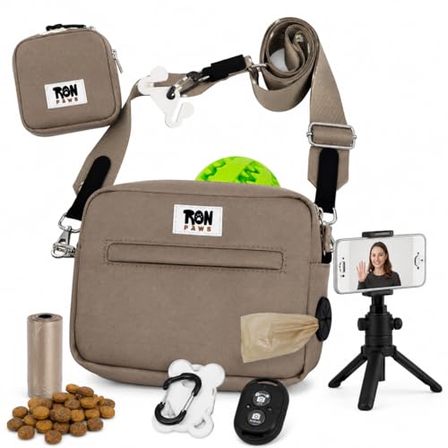 Hands-Free Dog Walking Crossbody for Training, Treat Pouch, Built-in Poop Bag Dispenser, Used Bag Hook & Bonus Tripod (Mocha) - color: Mocha