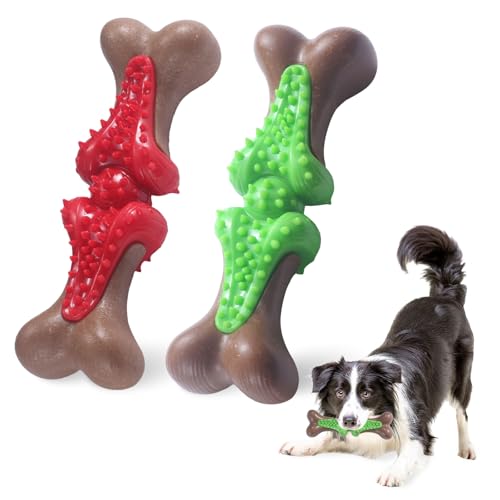 Durable Dog Chew Toys for Large Dogs - Tough Bone-Shaped Dental Chew with TPR Rubber & Wood Fiber, Teething & Aggressive Chewer Toys for Medium/Large Breed, Long-Lasting Teeth Cleaning 2 Pack set - color: Red&Green-2 Pack Set
