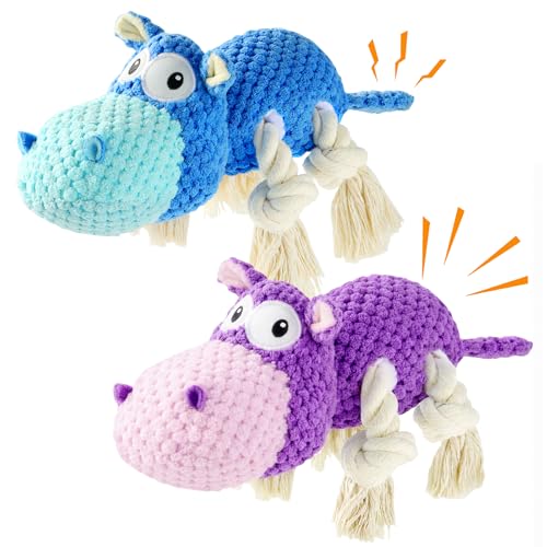 TOOPTATE 2-Pack Squeaky Hippo Dog Toys, Blue & Purple, Medium - color: Blue + Purple, size: Medium
