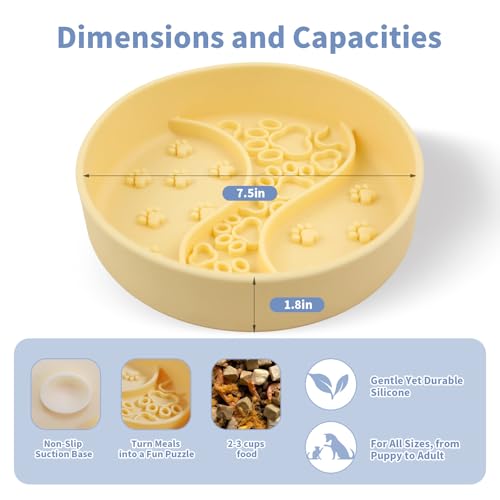 Lervynxi- Slow Feeder Dog Bowl with Non-Slip Suction Base, 7.5 * 1.8 Inch Non-Skid Pet Food Dish for Cats & Dogs, Large Capacity Puzzle Bowl for Dry/Wet Food to Extend The Mealtime, Dishwasher Safe