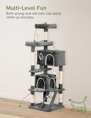 Cat Tree Tower 60 inch - Multi-Level Indoor Activity Center with Sisal Scratching Posts, Condo, Plush Perch & Hanging Toys for Kittens (Black) - color: Black