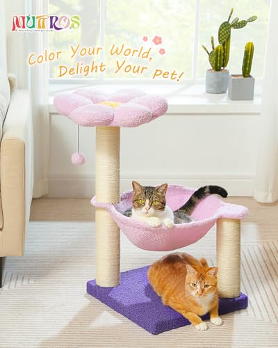 MUTTROS Flower Cat Scratching Post, 28" Cute Cat Tree Tower for Indoor Cats with Large Hammock Soft Perch Bed, Replaceable Toy Ball for Kittens, Purple - color: Purple