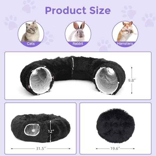 Plush Cat Tunnel Bed for Indoor Cats with Soft Cushion, Multi-Shape Play Cave with Hanging Balls, Large and Foldable Cat Donut Tunnel for Small and Large Pets (Black) - color: Black