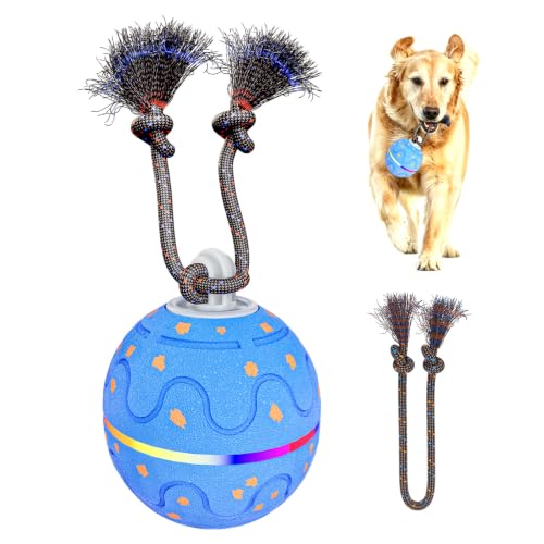 Interactive Dog Ball Toy with 2 Rope, Automatic Rolling & Bouncing Smart Dog Toy with Bird Chirping Sound and LED Light, Soft ETPU Chew-Safe Material, USB Rechargeable, for Medium & Large Dogs