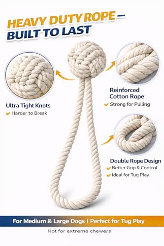 Dog Rope Toy with Ball, 20-Inch Overall Length with 4-Inch Rope Ball for Medium and Large Dogs, Strong and Durable Washable Cotton Tug Toy for Indoor and Outdoor Play, Tug-of-War and Fetch, White