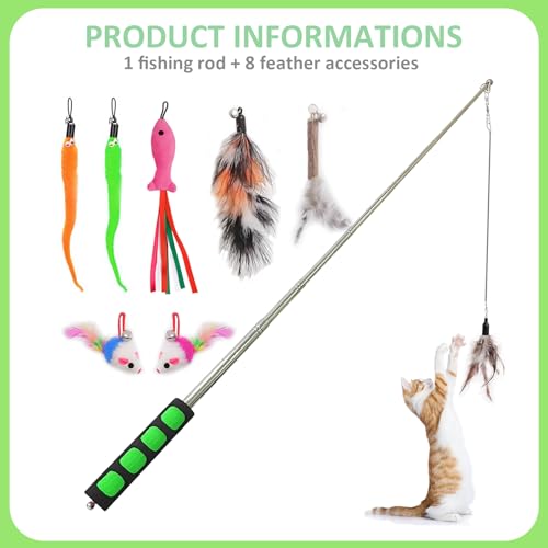 Cat Fishing Pole for Indoor Cats,Interactive cat Toys with Colorful Feather and Bell. (Green)