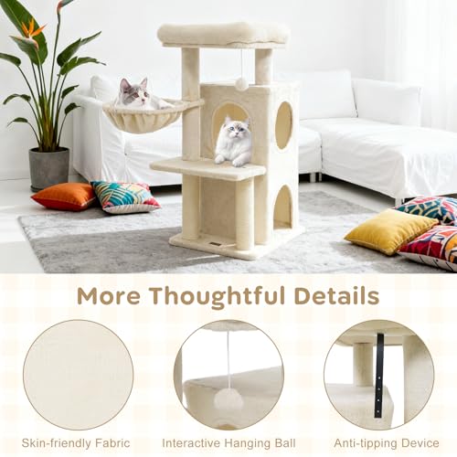 PETSITE Multi-Level Small Cat Tree, 33.5 Inches Tall with Sisal Scratching Posts, Double-Layer Condo, Side Basket, Dangling Ball and Upholstered Comfy Top Perch, Ideal for Indoor Cats (Beige) - color: Beige