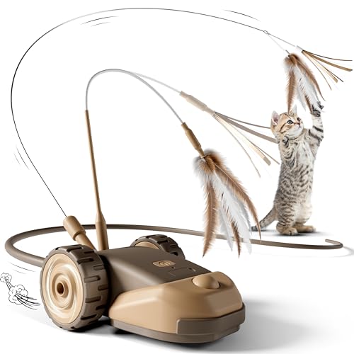 CYROS 3-in-1 Interactive Cat Toy - 2-Speed Automatic Moving Mouse Cat Toys Self Play with 2pcs Hanging Feather String Ribbon and Wiggly Silicone Mice Tail for Bored Indoor Adult Cats Kittens - color: Brown