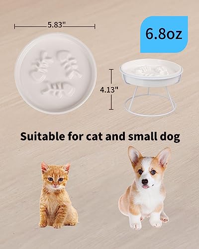 Ceramic Elevated Slow Feeder Cat Bowl, Anti Vomit, Removable Dish, White - color: White