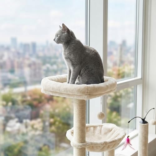 YUNIQUE Multi-Functional Cat Tree Tower, Big Cat Condo with Scratching Board, Rotating Toy & Deep Hammock, Luxury Perch Kitty Furniture for Indoor Cats (White) - color: 288 White