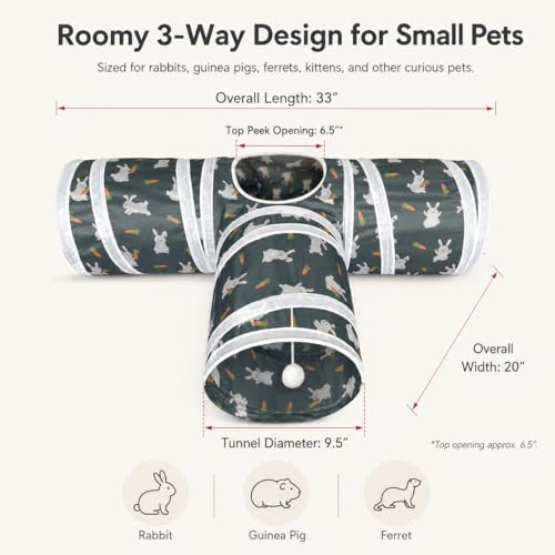 Rabbit Tunnel Toy, Collapsible 3-Way Hideout Tunnel with Chew Toys for Rabbits, Guinea Pigs, Ferrets, Kittens & Small Pets - Gray & White Bunny Carrot Design Hideout (33"x20"x9.5")