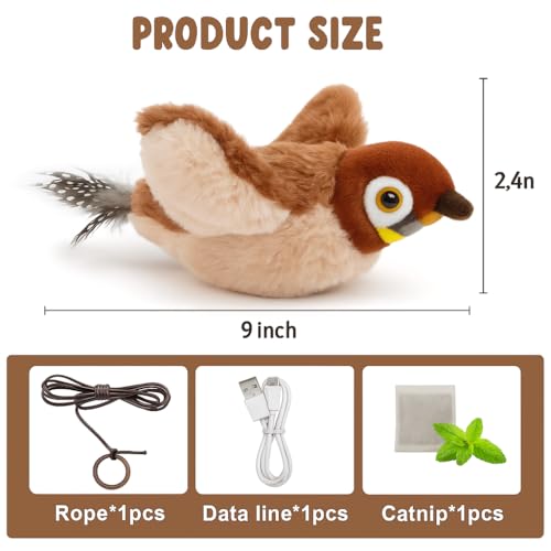 Upgraded 2.0 Flappy Bird Cat Toy – Interactive Flapping & Chirping Bird Toy for Cats (No Flying), Indoor Cat Toy for Exercise & Play, Durable Chew Toy, Catnip Toy for Kitten or Small Dogs (Large 9x3") - color: Sparrow