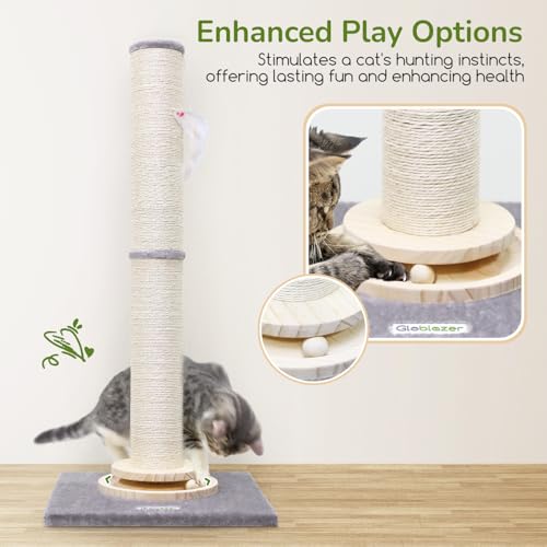 Globlazer Extra Thick Large Scratching Post for Indoor Cats Adults and Kittens, 35in Tall Natural Sisal Rope Scratcher Post, Large Cat Scratcher with Ball Interactive Toy, SC35, Light Grey - color: Light Grey