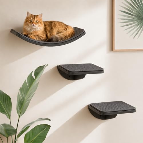 Cat Wall Shelves for Large Cats Set, Grey Curved Wall Sisal Bed and 2 Floating Wall Sisal Steps, Wall Mounted Climbing Shelves for Sleeping, Playing, and Lounging - color: Gray Sisal 3 in 1