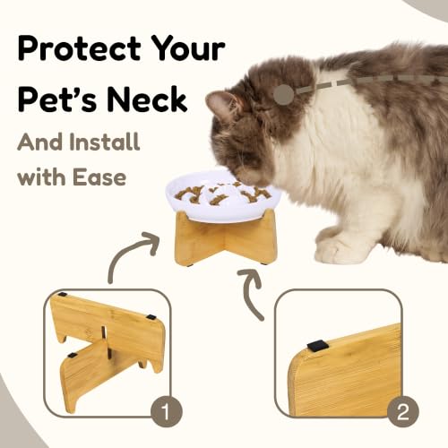 Elevated Slow Feeder Cat Bowl with Bamboo Stand, 6.3'' Ceramic Cat Food Bowl, Raised Whisker Friendly Cat Dish for Wet & Dry Food, Dishwasher Safe Anti-Slip Feeder for Cats & Small Dogs (White) - color: White with Stand