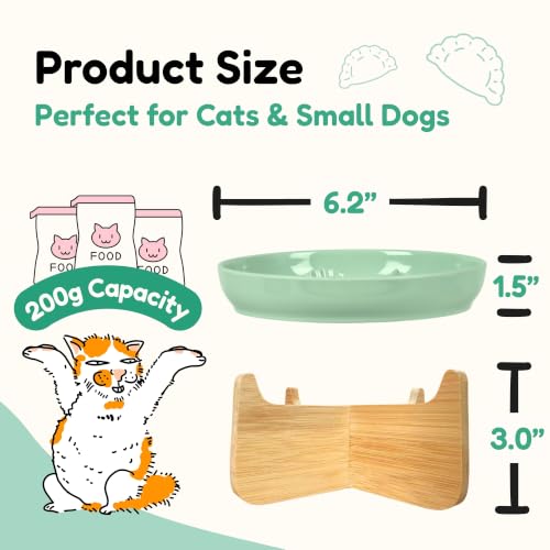Elevated Slow Feeder Cat Bowl with Bamboo Stand, 6.3'' Ceramic Cat Food Bowl, Raised Whisker Friendly Cat Dish for Wet & Dry Food, Dishwasher Safe Anti-Slip Feeder for Cats & Small Dogs (Green) - color: Green with Stand