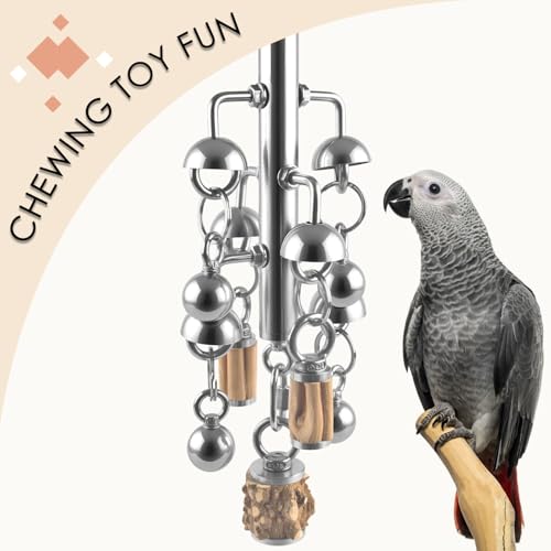 KATUMO Large Bird Toys, Natural Wooden and 304 Stainless Steel Bell Toy for Parrots, 1.46 LB Heavy Birds Cage Toy for Amazon Parrot, African Greys, Budgies, Lovebirds, Cockatiels,Cockatoo - color: Silvery