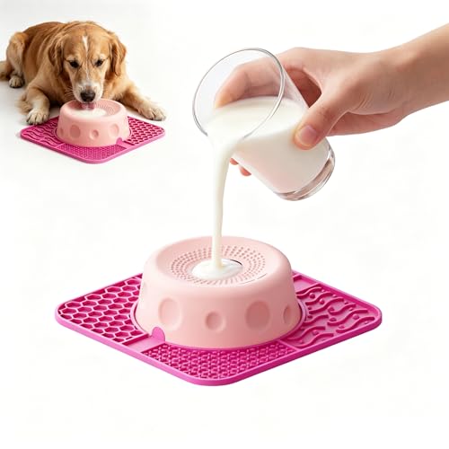 Slow Feeder Dog Bowls with Rolling Ball & Lick Mat for Dogs and Cats - color: Pink-A