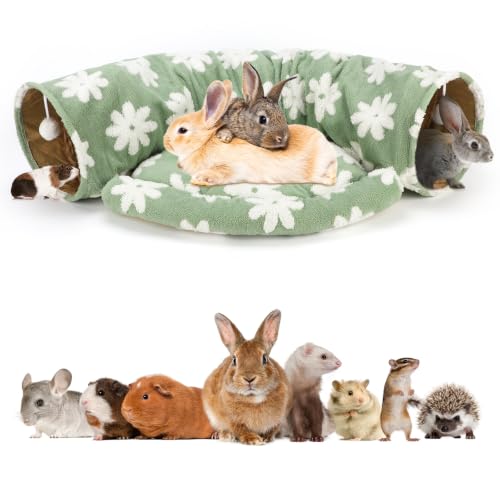 BWOGUE Bunny Tunnel Bed, 2-in-1 Collapsible Rabbit Tunnel Hideout with Mat - color: Flower Green