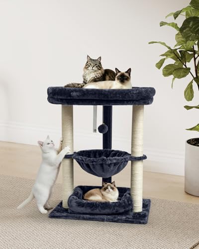 SYANDLVY 3 Level Small Cat Tree with Top Perch, Middle Hammock & Bottom Bed - color: Smoky