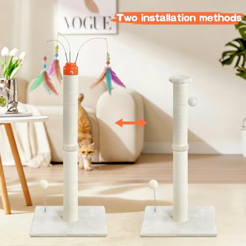 YARUOMY Cat Scratching Post ，33.4" Sisal Rope Cat Scratcher Tall Scratching Post for Indoor Cats with Interactive Cat Toys Automatic Teaser Wand and Rotating Hanging Balls - size: 33.4"H