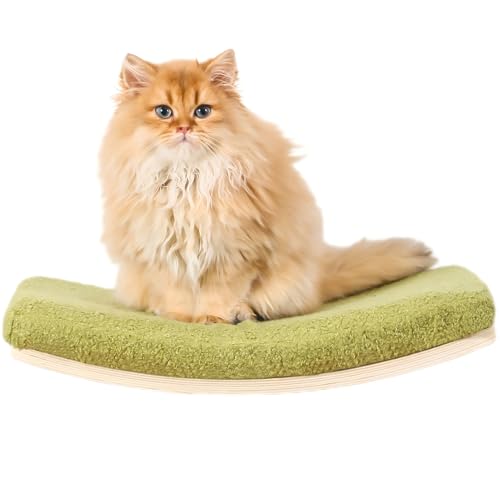 Curved Cat Shelves and Perches, Floating Cat Wall Bed with Comfortable Cushion - color: Wood Shelf+Green Cushion