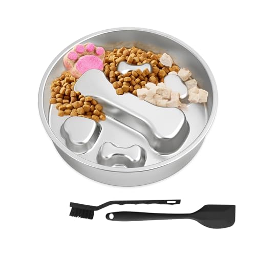 ZUFECY Slow Feeder Dog Bowls, Stainless Steel Slow Feed Bowl for Dogs and Cats, Dual Function Slow Food & Snack Bowls, Equipped with Brush and Scraper
