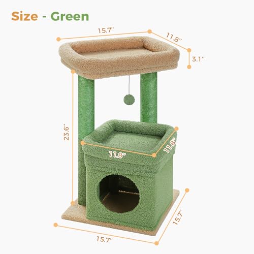 PEQULTI Small Cat Tree Tower for Indoor Cats, Sisal Post & Cozy Condo Green - color: Green, size: M(15.7"L x 15.7"W x 26.7"H)
