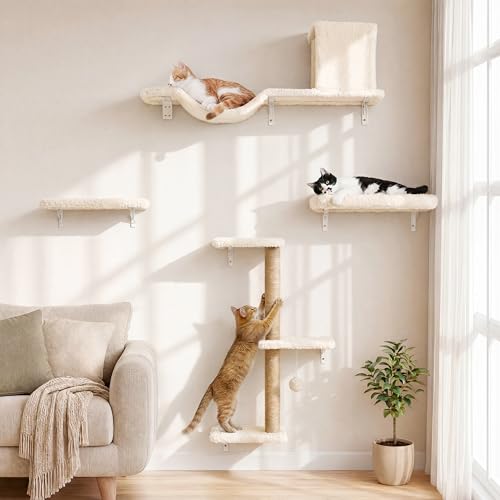 FUKUMARU Cat Wall Shelves, 4 in 1 Set, Beige - color: Beige