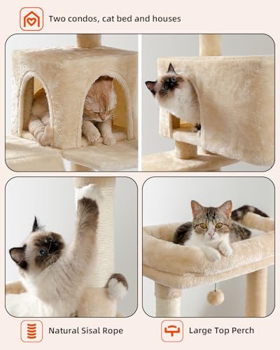 Cat Tree for Indoor Cats, 56.3" Multi-Level Cat Tower with 2 Condos - color: Beige, size: 56 Inches