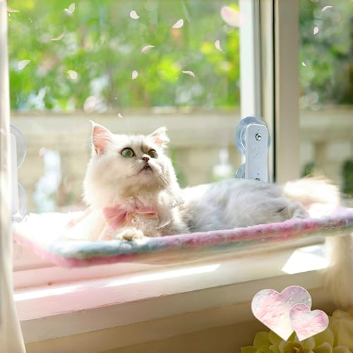 Foldable Cat Window Perch, Cordless Cat Hammock with Strong Suction Cups for Cats Inside, Gradient Color Shiny Fabric, Cute Pet Seat Bed for Kittens with Movable Toy Hooks (Small) - size: S (20.8'Lx11.2'Wx7.8'H)