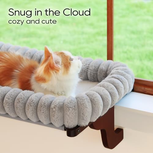 Zakkart SnugCloud Cat Perch for Windowsill (Dark Stained Wood/Gray, L) - color: Dark Stained Wood w/ Gray Bed, size: Large (25"x15")