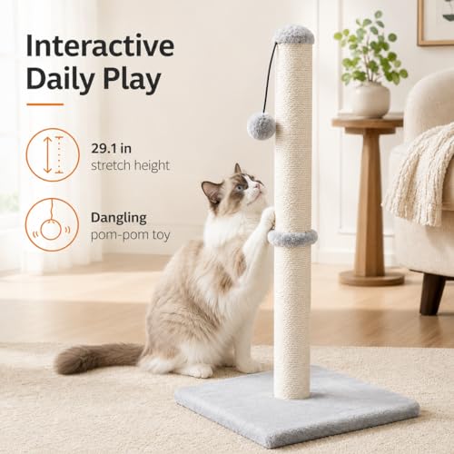 Dimaka 29" Tall Cat Scratching Post, Sisal Rope Scratcher, Grey - color: Grey, size: 29 inches for All Cats
