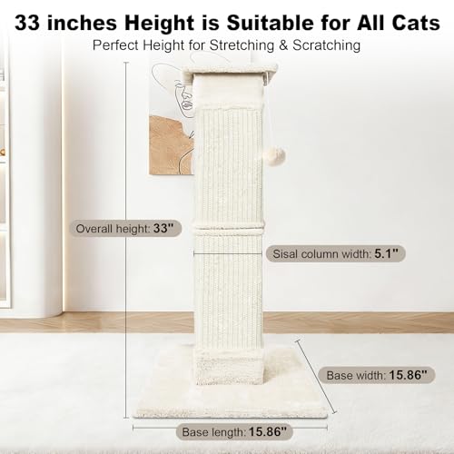 Cat Scratching Post 33 Inch for Indoor Cats, Sisal Cat Scratcher, Beige - color: Beige White
