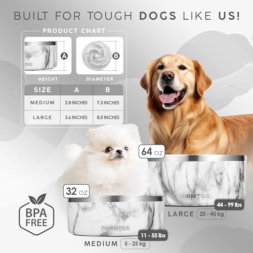 FAHRMOSIS 32 Oz Dog Bowl with Slow Feeder Insert Stainless Steel Pet Water Bowl for Medium & Large Breed Non Slip Rubber Base & Plastic Puzzle Feeder - White Marble - color: White Marble, size: 32 OZ