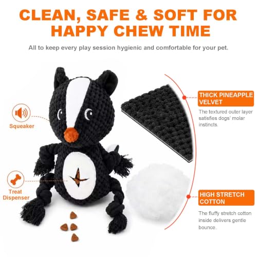 Dog Squeaky Chew Toy, Plush Crinkle Rope Dog Toy - Black Skunk - color: Black Skunk