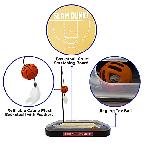 NCAA FLORIDA STATE Seminoles Basketball Court Cat Scratcher - REVERSIBLE Felt/Cardboard Toy, Cat Ball with Bell, Catnip-Filled Plush Basketball - color: Florida State Seminoles, style: Basketball Court