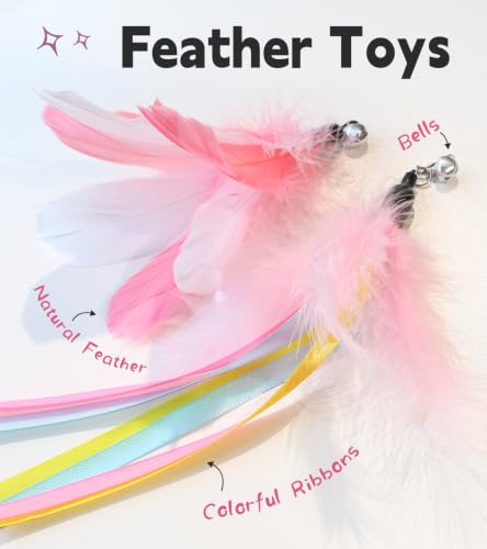 SONGWAY Interactive Cat Wand Toy Set - Retractable Cat Teaser Wand with 8 PCS Cat Toy Attachments, Dragonfly Butterfly Bird Mouse Yarn Ball Tassel Feather Cat Toy Refills for Indoor Cats Kittens, Pink - color: Pink