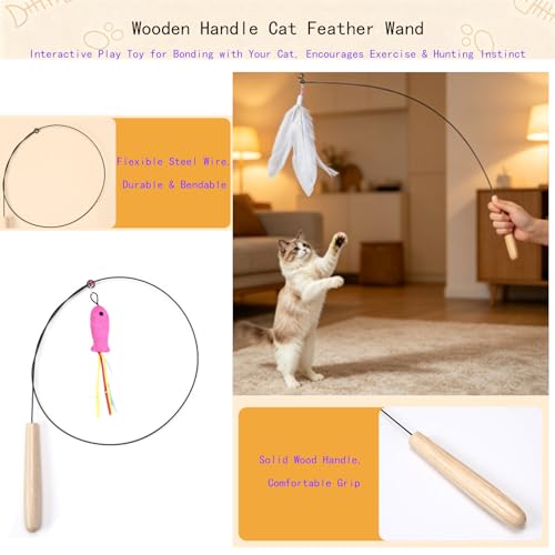 Suction Cup Cat Teaser Wand, 8-Piece Interactive Cat Feather Toy Set, 2 Wands + 6 Replaceable Refills, Detachable Steel Wire & Wooden Handle for Indoor Cats