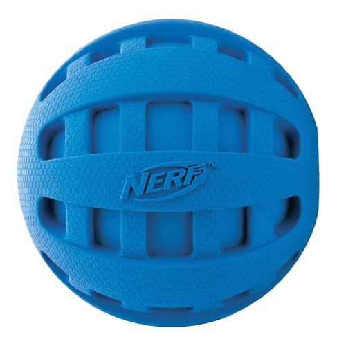 Nerf Dog Rubber Ball Dog Toy with Checkered Squeaker, Lightweight, Durable and Water Resistant, 4 Inch Diameter for Medium/Large Breeds, Single Unit, Blue - size: 4 Inch Blue, style: Checker Squeak