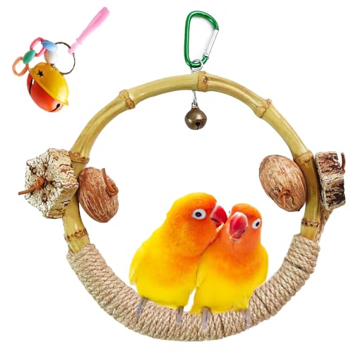 Circle Bird Swing with Bell,Bamboo Parakeet Rope Perches for Cage Ring Bird Swings Chewings Nuts Toys for Parrots Cockatiels Lovebirds Budgie - size: 【 Small Bell】