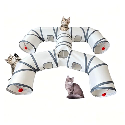 Foldable H-Shaped Cat Tunnel Toy with Interactive Playing Balls - 4 Exits for Cats, Kittens, Rabbits & Small Pets Collapsible Play Tube for Indoor Fun & Exercise - color: White Gray