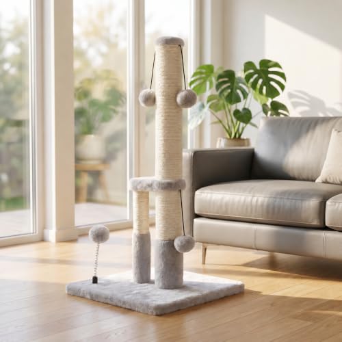 Dimaka Tall Cat Scratching Post, Double Lower Posts Extra Stable Cat Post Tree Scratcher with Sisal Rope and Teasing 4 Balls Total Large Base (Grey) - color: Grey